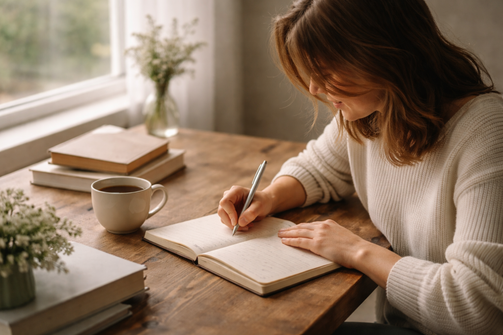 A woman writing in a notebook at a wooden table with a cup of tea and books nearby in a calm and cozy learning environment