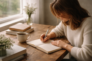 A woman writing in a notebook at a wooden table with a cup of tea and books nearby in a calm and cozy learning environment