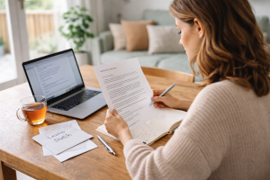 Woman learning Dutch at home, reading a letter and taking notes during an online lesson