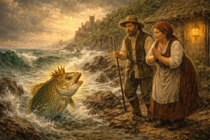 The Fisherman and His Wife Grimm fairy tale illustration showing a fisherman and his wife by the sea with a magical talking fish