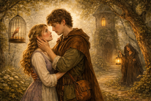 Jorinde and Joringel Grimm fairy tale illustration showing the couple in an enchanted forest with a witch and a bird in a cage