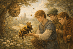 The Queen Bee Grimm fairy tale illustration showing Simpleton with his brothers and a magical queen bee in a forest