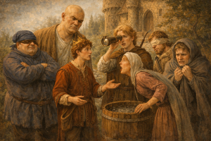 The Six Servants Grimm fairy tale illustration showing a prince with six unusual servants each with special abilities near a castle