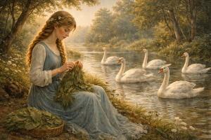 The Six Swans Grimm fairy tale illustration showing a princess weaving nettle shirts beside a lake with six white swans
