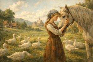 The Goose Girl Grimm fairy tale illustration with princess tending geese and horse Falada in a countryside setting