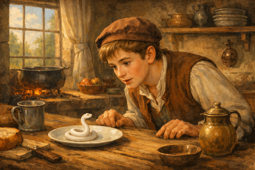 The White Snake Grimm fairy tale illustration with servant discovering the magical snake in a castle kitchen